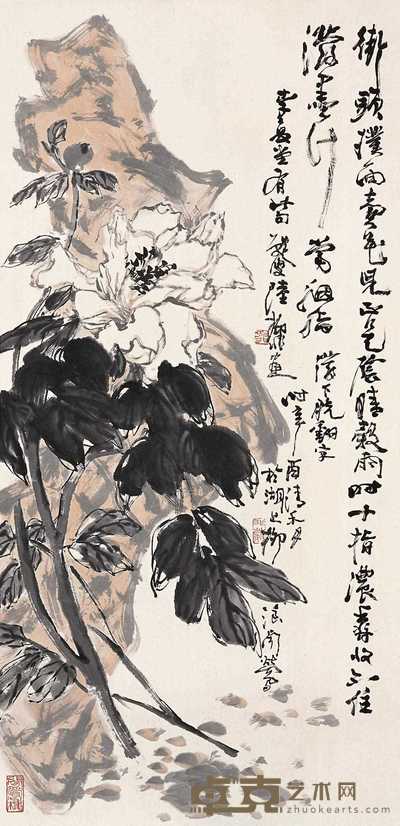 陆抑非 辛酉（1981）年作 牡丹 立轴 97×46.5cm